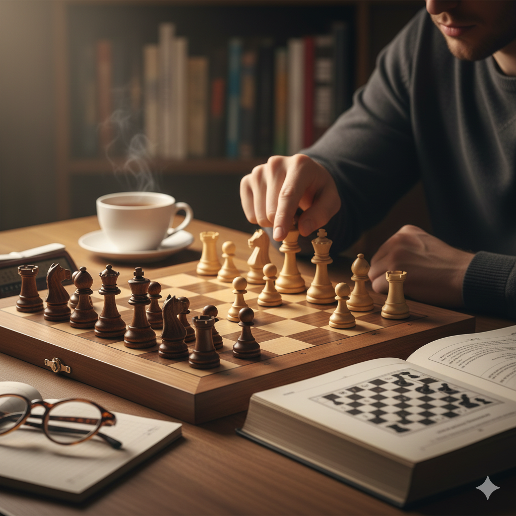 A thoughtful player moving a chess piece on a wooden board, surrounded by study materials and a warm cup of coffee.